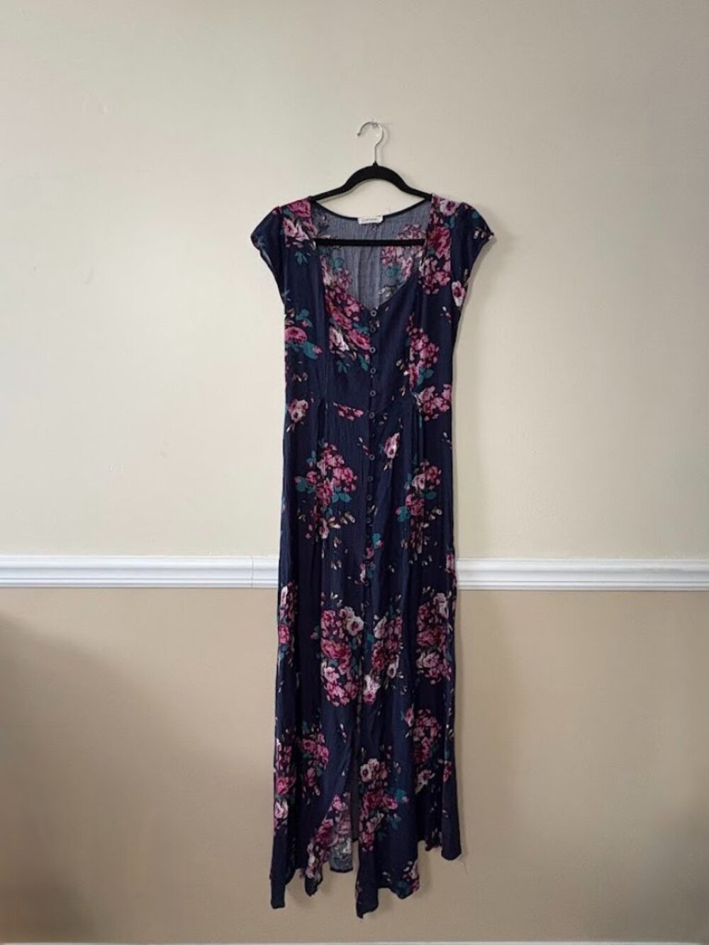 Catch Me Navy Floral Button Front Maxi Dress Size L Boho